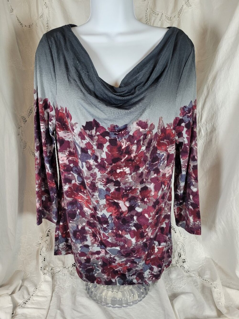Womens L Blouse Long Sleeve Floral Ombre Poly Spandex Pullover Ann Klein AK